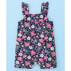 Babyhug 100% Cotton Knit Half Sleeves Polka Dot Print T-Shirt & Dungaree Set Floral Print - White & Blue