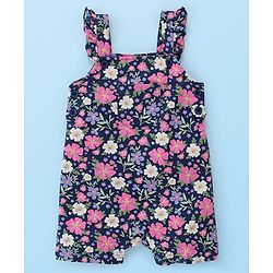 Babyhug 100% Cotton Knit Half Sleeves Polka Dot Print T-Shirt & Dungaree Set Floral Print - White & Blue