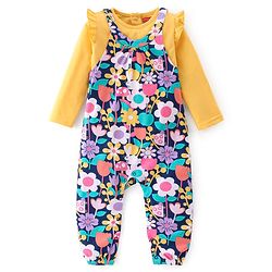 Babyhug Cotton Knit Floral Printed Dungaree with Full Sleeves Inner Tee - Yellow & Blue