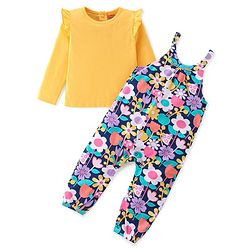 Babyhug Cotton Knit Floral Printed Dungaree with Full Sleeves Inner Tee - Yellow & Blue