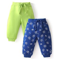 Babyhug Cotton Full Length Lounge and Track Pants Solid & Text Print  Pack of 2 - Blue & Green