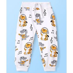 Babyhug Cotton Looper Full Length Lounge Pant With Animals Print - White Grey & Yellow
