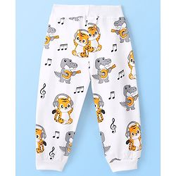 Babyhug Cotton Looper Full Length Lounge Pant With Animals Print - White Grey & Yellow