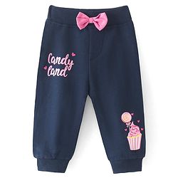 Babyhug Cotton Knit Full Length  Lounge and Track Pant with Icecream Print and a Bow - NavyBlue