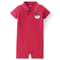 Babyhug 100% Cotton Knit Half Sleeves Romper Penguin Print - Red
