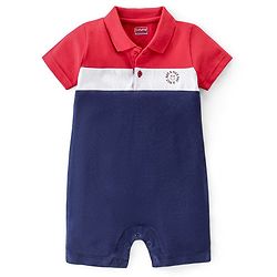 Babyhug 100% Cotton Knit Interlock Half Sleeves Romper With Text Print - White Red & Navy Blue