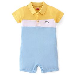 Babyhug 100% Cotton Knit Half Sleeves Solid Colour Cut & Sew Romper - Blue & Yellow