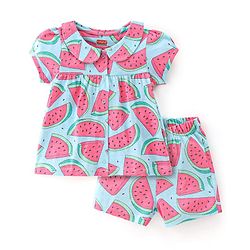 Babyhug Cotton Knit Half Sleeves Night Suit Melon Print - Blue & Pink