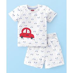Babyhug Cotton Knit Single Jersey Half Sleeves Night Suit With Car Print & Embroidery - Grey