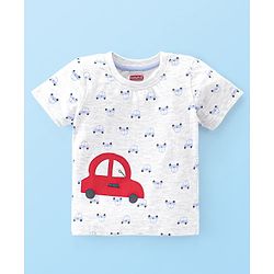 Babyhug Cotton Knit Single Jersey Half Sleeves Night Suit With Car Print & Embroidery - Grey