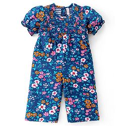 Babyhug Cotton Jersey Smocking Half Sleeves Jumpsuit with Floral Print - Navy Blue