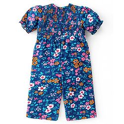 Babyhug Cotton Jersey Smocking Half Sleeves Jumpsuit with Floral Print - Navy Blue