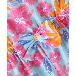 Babyhug 100% Cotton Jersey Knit Floral Print Shoulder Strap Jumpsuit with Bow Applique- Pink