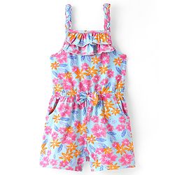 Babyhug 100% Cotton Jersey Knit Floral Print Shoulder Strap Jumpsuit with Bow Applique- Pink