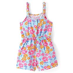 Babyhug 100% Cotton Jersey Knit Floral Print Shoulder Strap Jumpsuit with Bow Applique- Pink