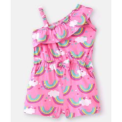 Babyhug Cotton Jersey Knit One Shoulder Strap Jumpsuit with Rainbow Print - Pink
