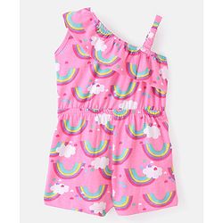 Babyhug Cotton Jersey Knit One Shoulder Strap Jumpsuit with Rainbow Print - Pink