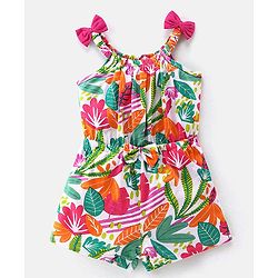 Babyhug 100% Cotton Jersey Shoulder Strap Jumpsuit With Floral Print - Multicolour