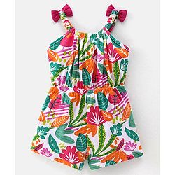 Babyhug 100% Cotton Jersey Shoulder Strap Jumpsuit With Floral Print - Multicolour