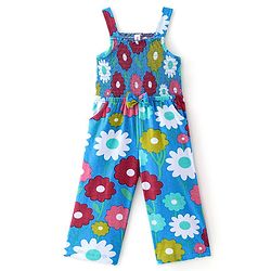 Babyhug Cotton Jersey Shoulder Strap Jumpsuit With Floral Print - Blue