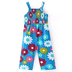 Babyhug Cotton Jersey Shoulder Strap Jumpsuit With Floral Print - Blue