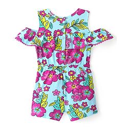 Babyhug 100% Cotton Jersey Cold Shoulder Sleeve  Jumpsuit Floral Print - Blue
