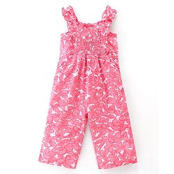 Babyhug 100% Cotton Jersey Square Neck Jumpsuit With Floral Print - Pink