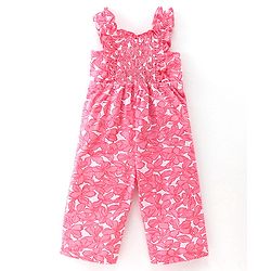 Babyhug 100% Cotton Jersey Square Neck Jumpsuit With Floral Print - Pink
