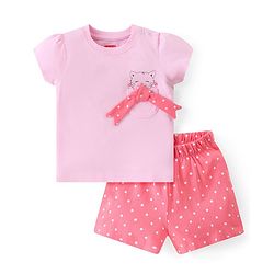 Babyhug Cotton Knit Single Jersey Half Sleeves Night Suit With Kitty Print & Bow Applique - Pink