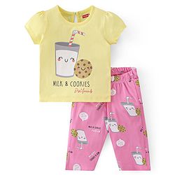 Babyhug Cotton Single Jersey Knit Half Sleeves Night Suit Cookies Print - Yellow & Pink
