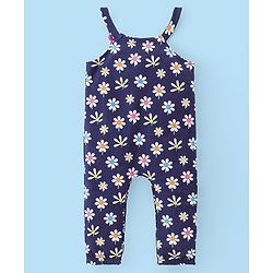 Babyhug Single Jersey Knit Floral Print Dungaree & Half Sleeves T-Shirt Polka Dot Print - Navy Blue & White