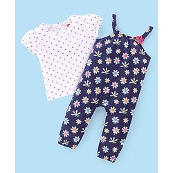 Babyhug Single Jersey Knit Floral Print Dungaree & Half Sleeves T-Shirt Polka Dot Print - Navy Blue & White