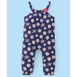 Babyhug Single Jersey Knit Floral Print Dungaree & Half Sleeves T-Shirt Polka Dot Print - Navy Blue & White