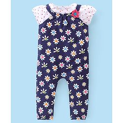 Babyhug Single Jersey Knit Floral Print Dungaree & Half Sleeves T-Shirt Polka Dot Print - Navy Blue & White