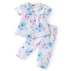 Babyhug Single Jersey Knit Half Sleeves Front Open Floral  Print Night Suit - White