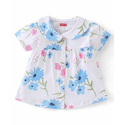 Babyhug Single Jersey Knit Half Sleeves Front Open Floral  Print Night Suit - White