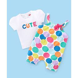 Babyhug 100% Cotton Knit Half Sleeves T-Shirt & Dungaree Set Polka Dot Print - Multicolor