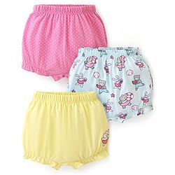 Babyhug 100% Cotton Knit Bloomers Solid Polka Dot & Animal Print Pack of 3- Pink Blue & Yellow