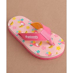 Cute Walk by Babyhug Slip On Flip Flops Floral & Toucans Print- Pink