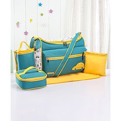 Babyhug Mother Bag with Accessories Combo With Vehicle Print Set of 5 - Green & Yellow