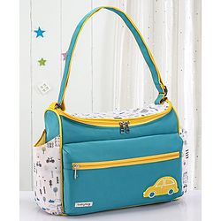 Babyhug Mother Bag with Accessories Combo With Vehicle Print Set of 5 - Green & Yellow