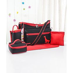 Babyhug Mother Bag with Accessories Combo With Animal Print Set of 5 - Black & Red