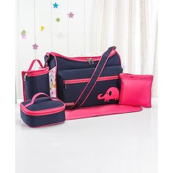 Babyhug Mother Bag with Accessories Combo With Elephant Print Set of 5 - Navy & Pink
