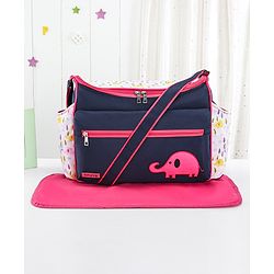 Babyhug Mother Bag with Accessories Combo With Elephant Print Set of 5 - Navy & Pink