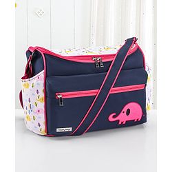 Babyhug Mother Bag with Accessories Combo With Elephant Print Set of 5 - Navy & Pink