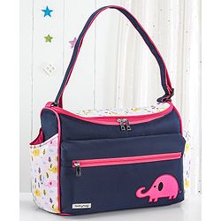Babyhug Mother Bag with Accessories Combo With Elephant Print Set of 5 - Navy & Pink