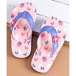 Cute Walk by Babyhug Slip On Flip Flops with Heart & Strawberry Print & Floral Applique - Pink