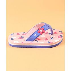 Cute Walk by Babyhug Slip On Flip Flops with Heart & Strawberry Print & Floral Applique - Pink