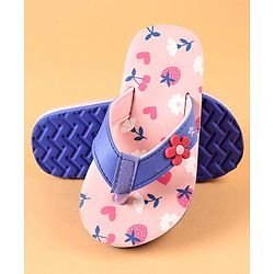 Cute Walk by Babyhug Slip On Flip Flops with Heart & Strawberry Print & Floral Applique - Pink