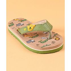 Cute Walk by Babyhug Slip On Flip Flops with Wild Animal Print & Applique- Green